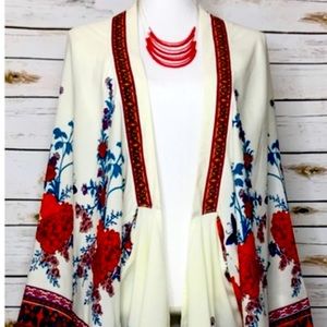 Flying Tomato White Wide Sleeve Embroidered Trim Kimono Geometric Size M/L